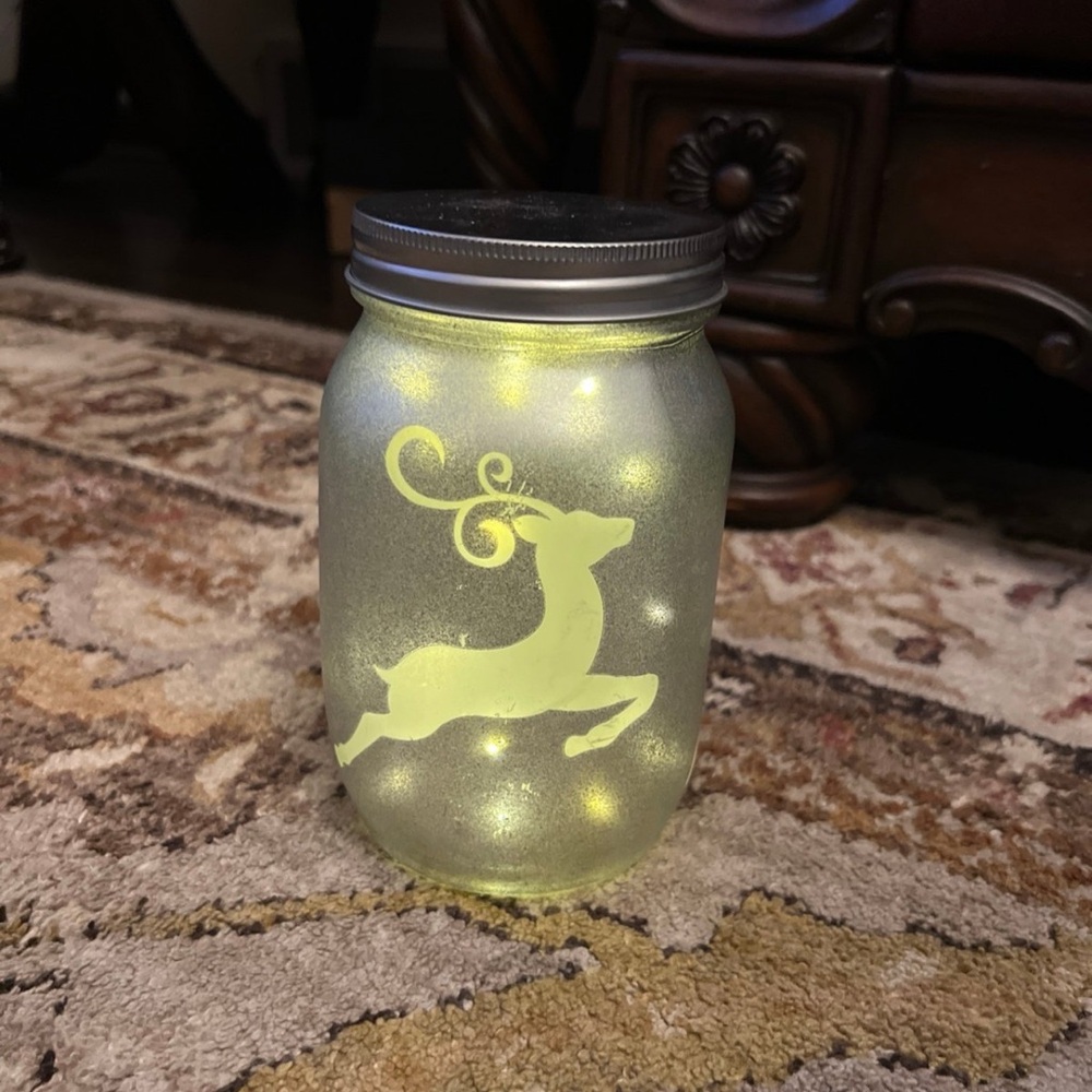 Frosted Jar with Reindeer and LED Lights